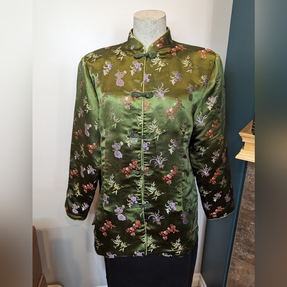 Vintage Green Satin Brocade Asian Jacket woman's  size XL - Picture 5 of 9